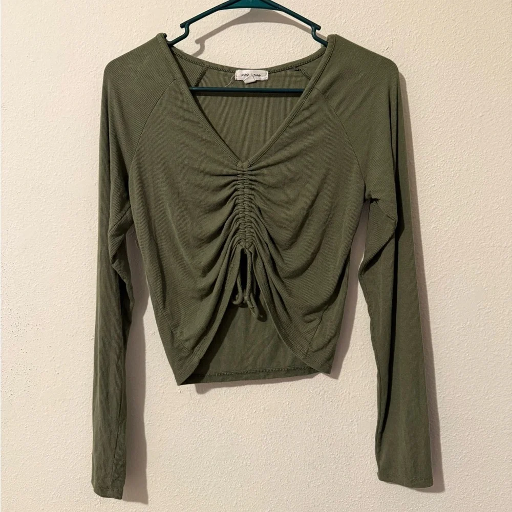 Olive Green Long Sleeve Ruched Top - Size Small